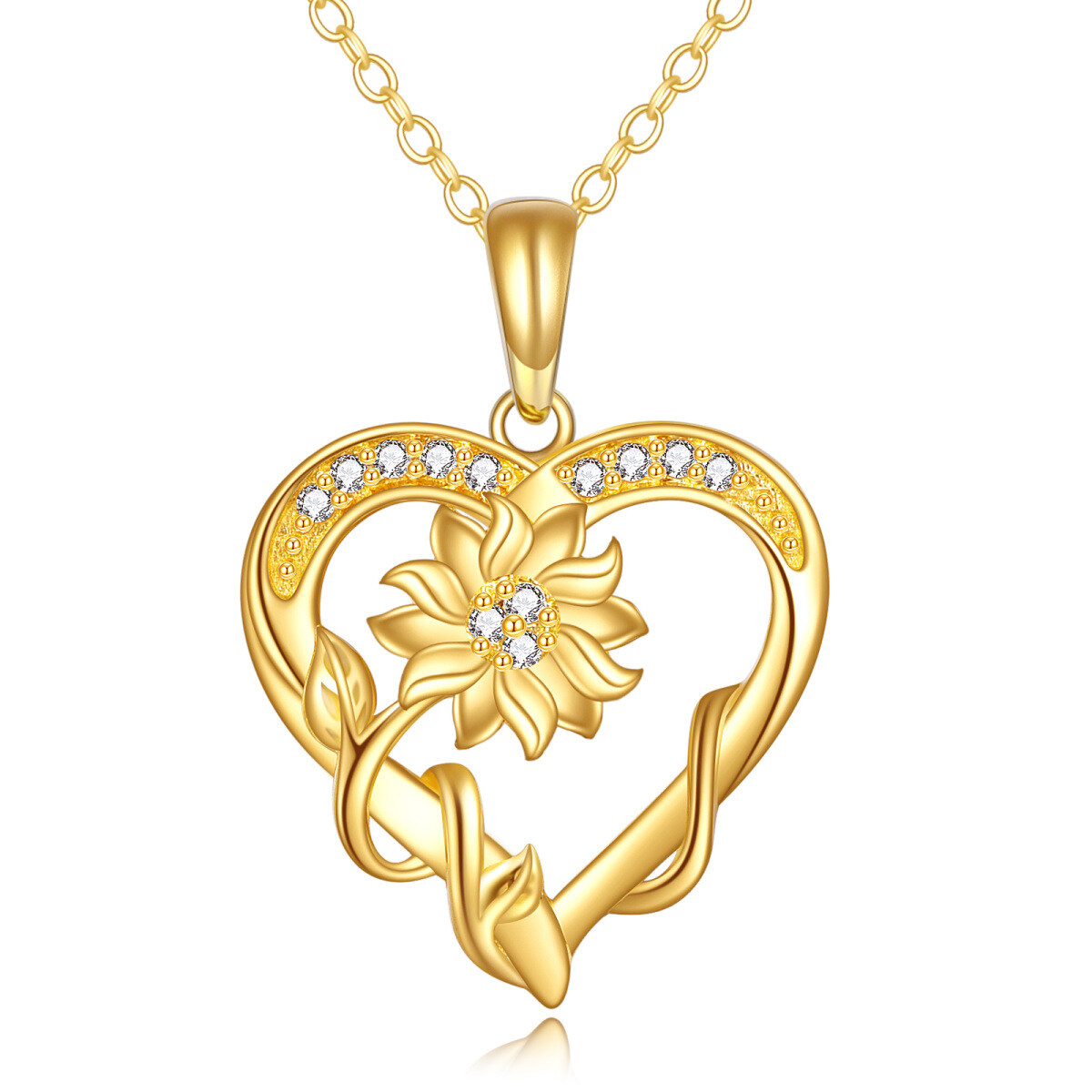 14K Gold Cubic Zirkonia Sonnenblume & Herz-Anhänger Halskette-1