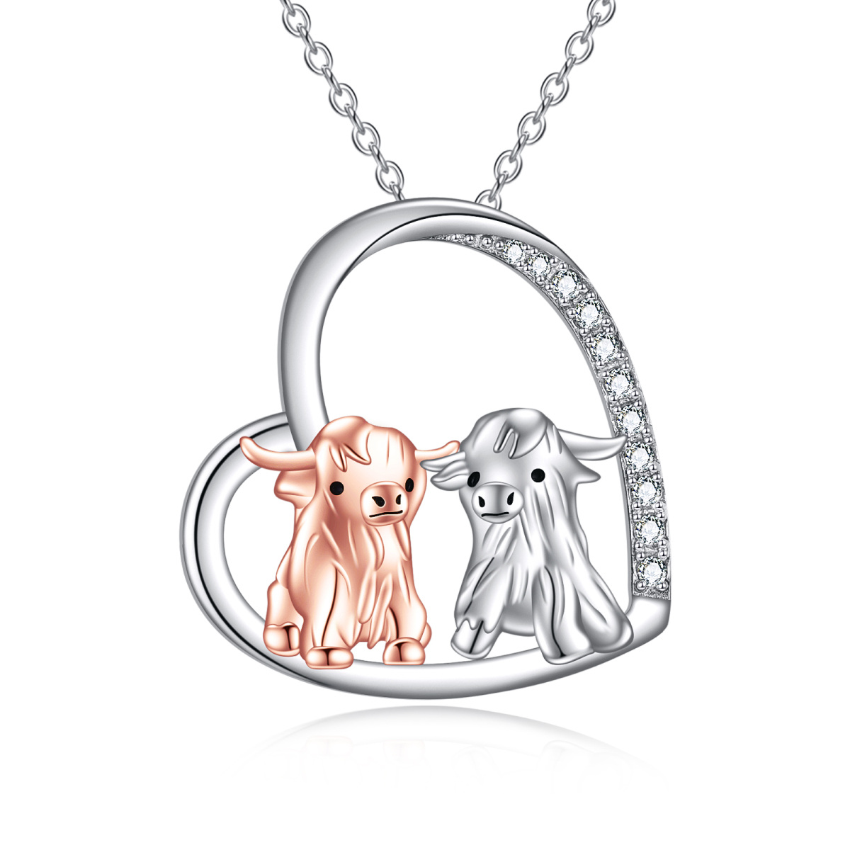 Sterling Silver Two-tone Round Cubic Zirconia Cow & Heart Pendant Necklace-1