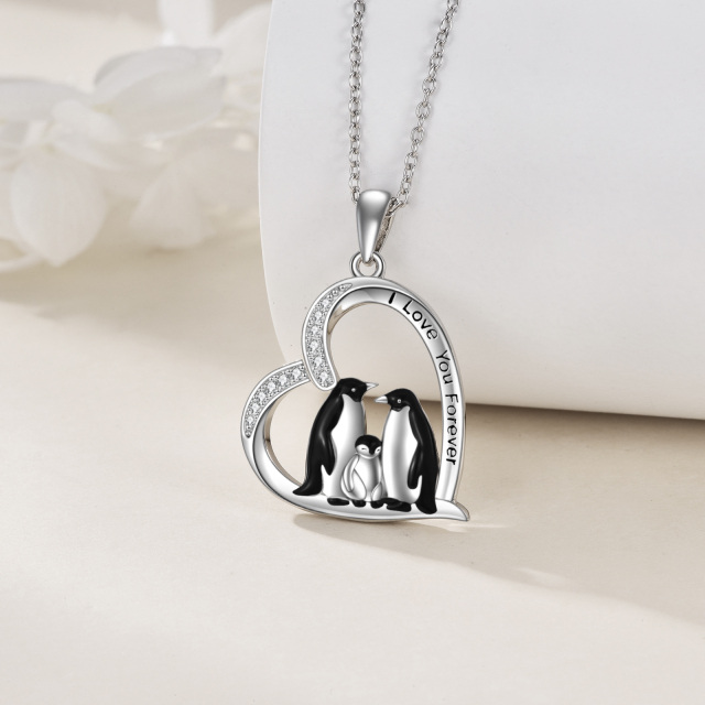 Colar de prata esterlina com pingente de coração da família do pinguim e palavra gravada-2