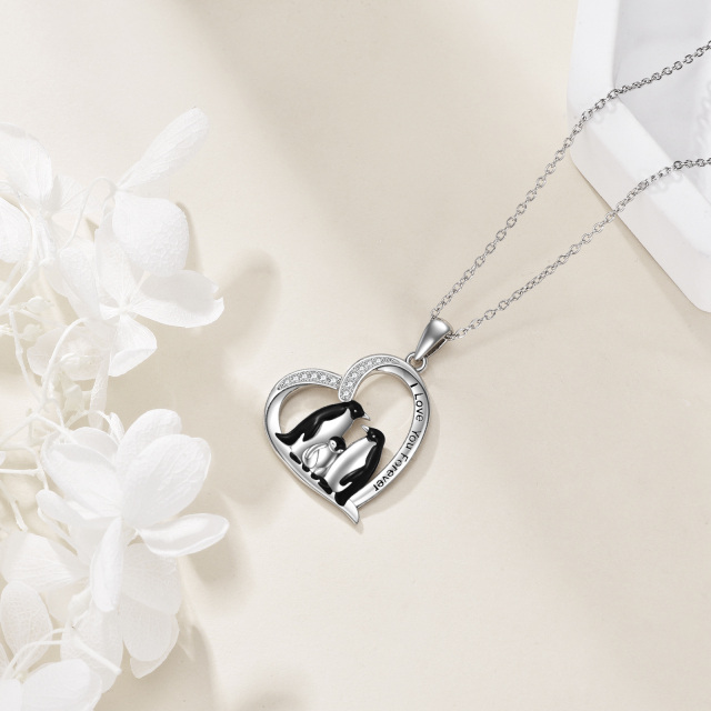Sterling Silver Penguin Family Heart Pendant Necklace with Engraved Word-3