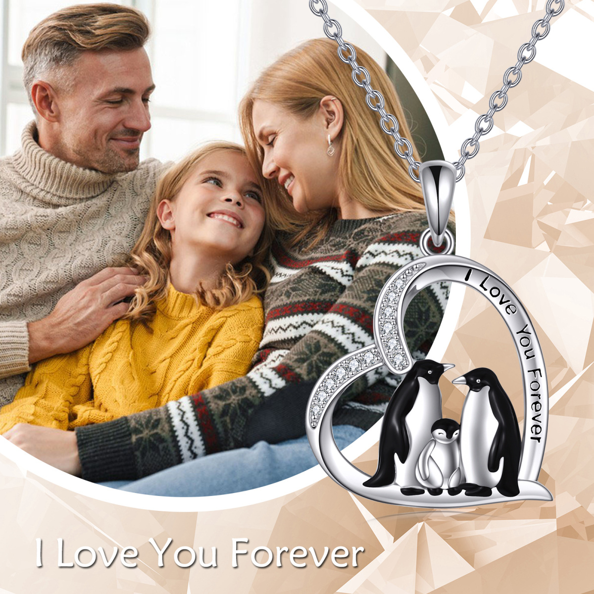 Sterling Silver Penguin Family Heart Pendant Necklace with Engraved Word-6