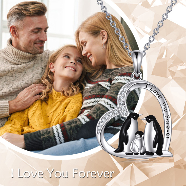 Sterling Silver Penguin Family Heart Pendant Necklace with Engraved Word-5