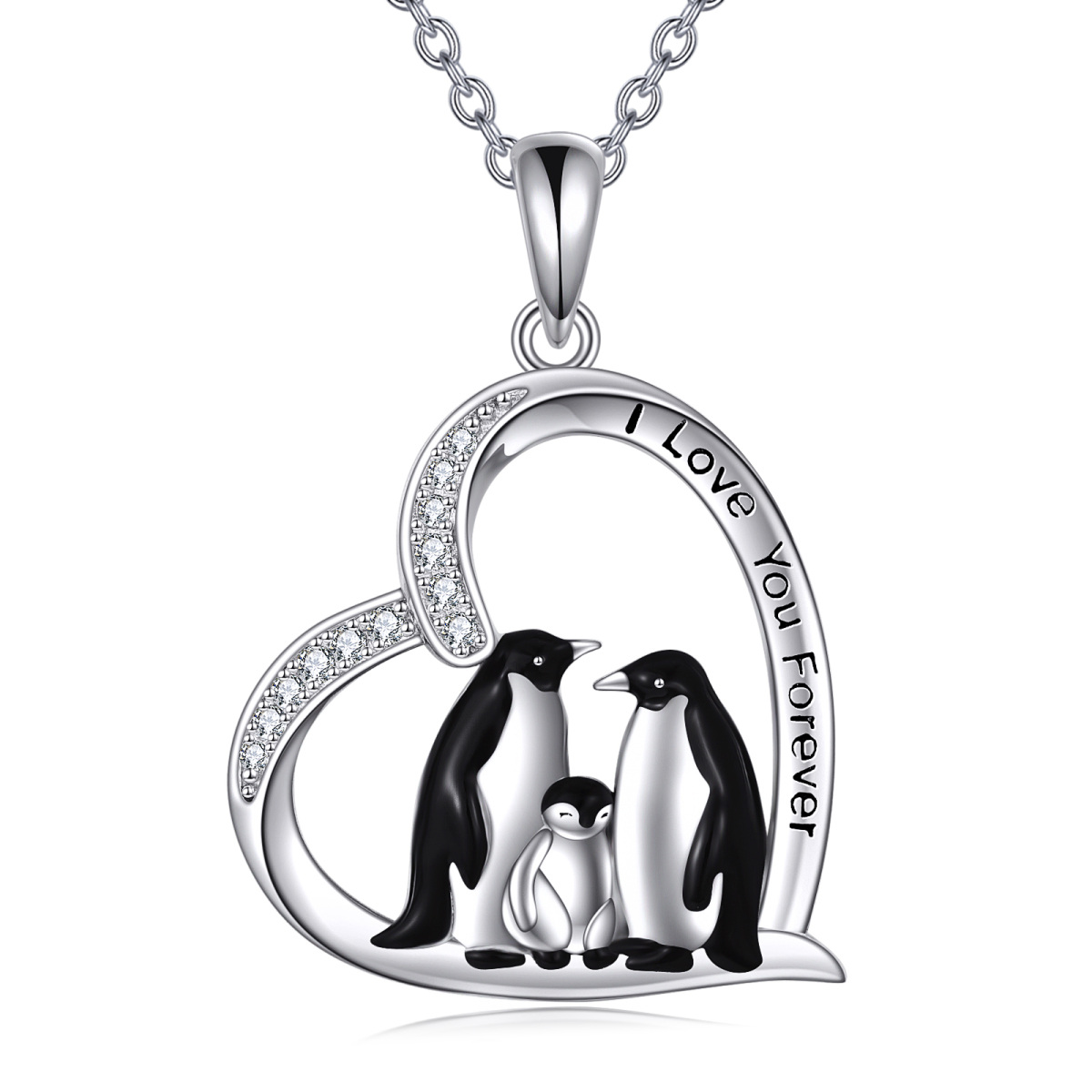 Collar de plata de ley con colgante de corazón de familia de pingüinos con palabra grabada-1