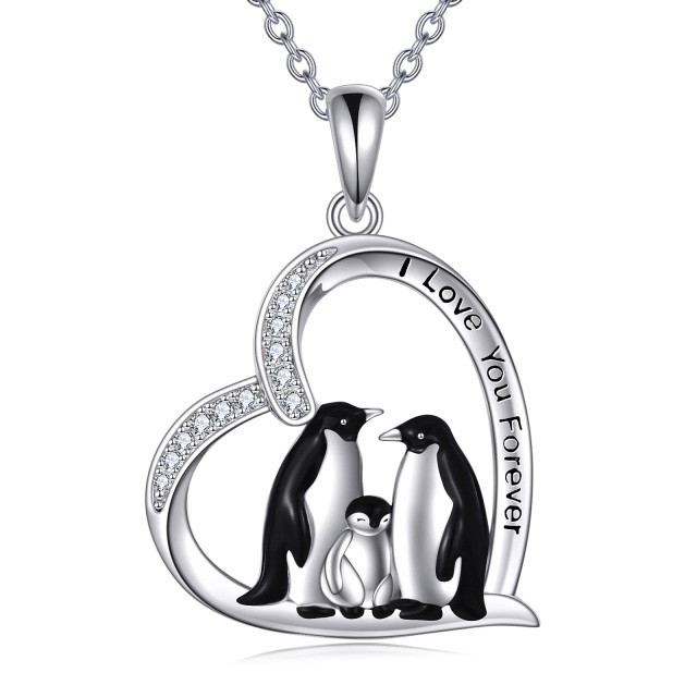 Colar de prata esterlina com pingente de coração da família do pinguim e palavra gravada-0