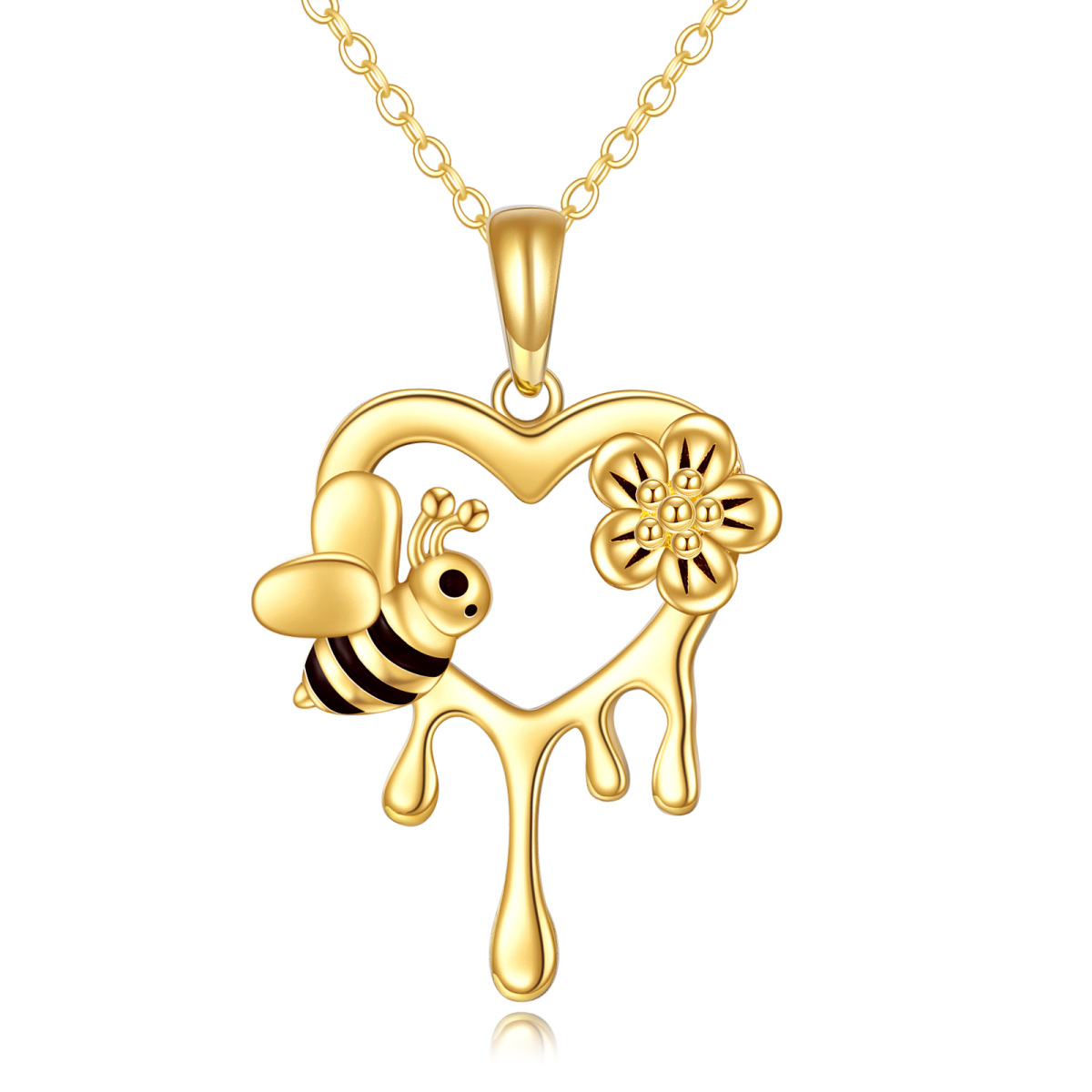 10K Gold Bee & Daisy & Heart Pendant Necklace-1