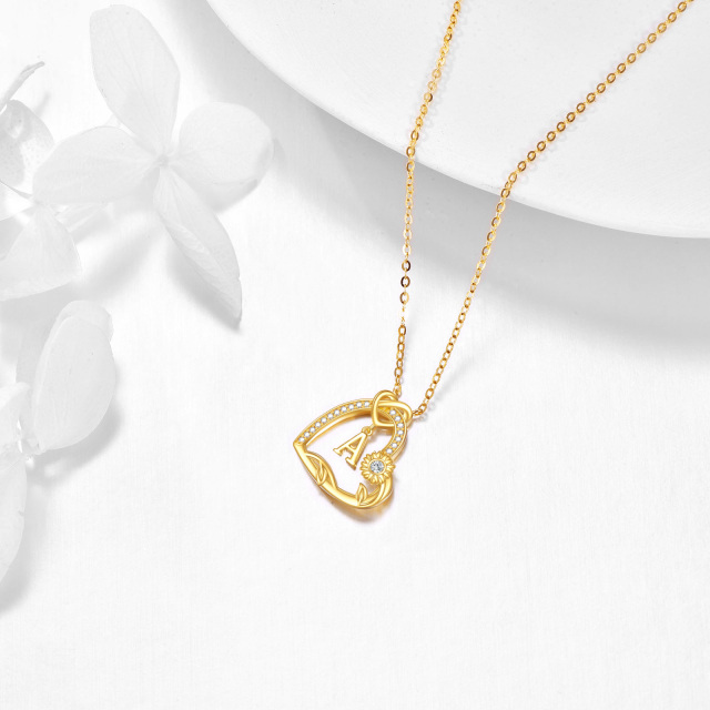 14K Gold Cubic Zirconia Sunflower & Heart With Heart Pendant Necklace with Initial Letter A-3