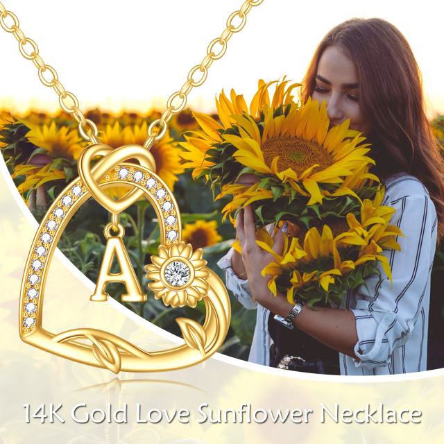 14K Gold Cubic Zirconia Sunflower & Heart With Heart Pendant Necklace with Initial Letter A-4