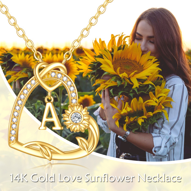 Collier en or 14K à pendentif tournesol et coeur avec coeur avec lettre initiale A-4