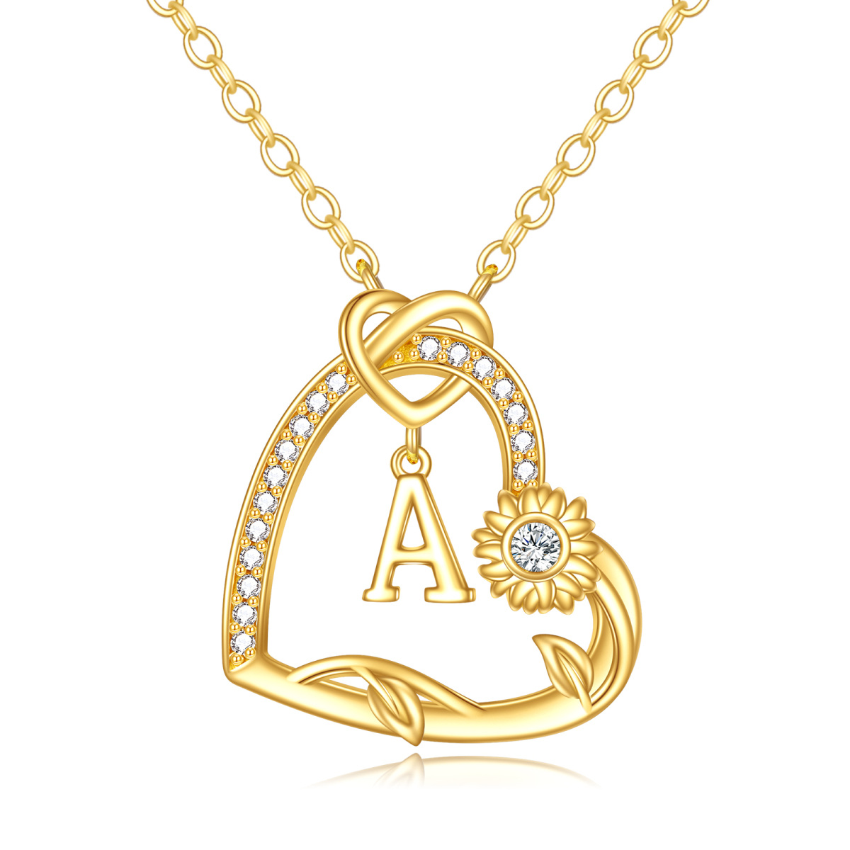 14K Gold Cubic Zirconia Sunflower & Heart With Heart Pendant Necklace with Initial Letter A-1