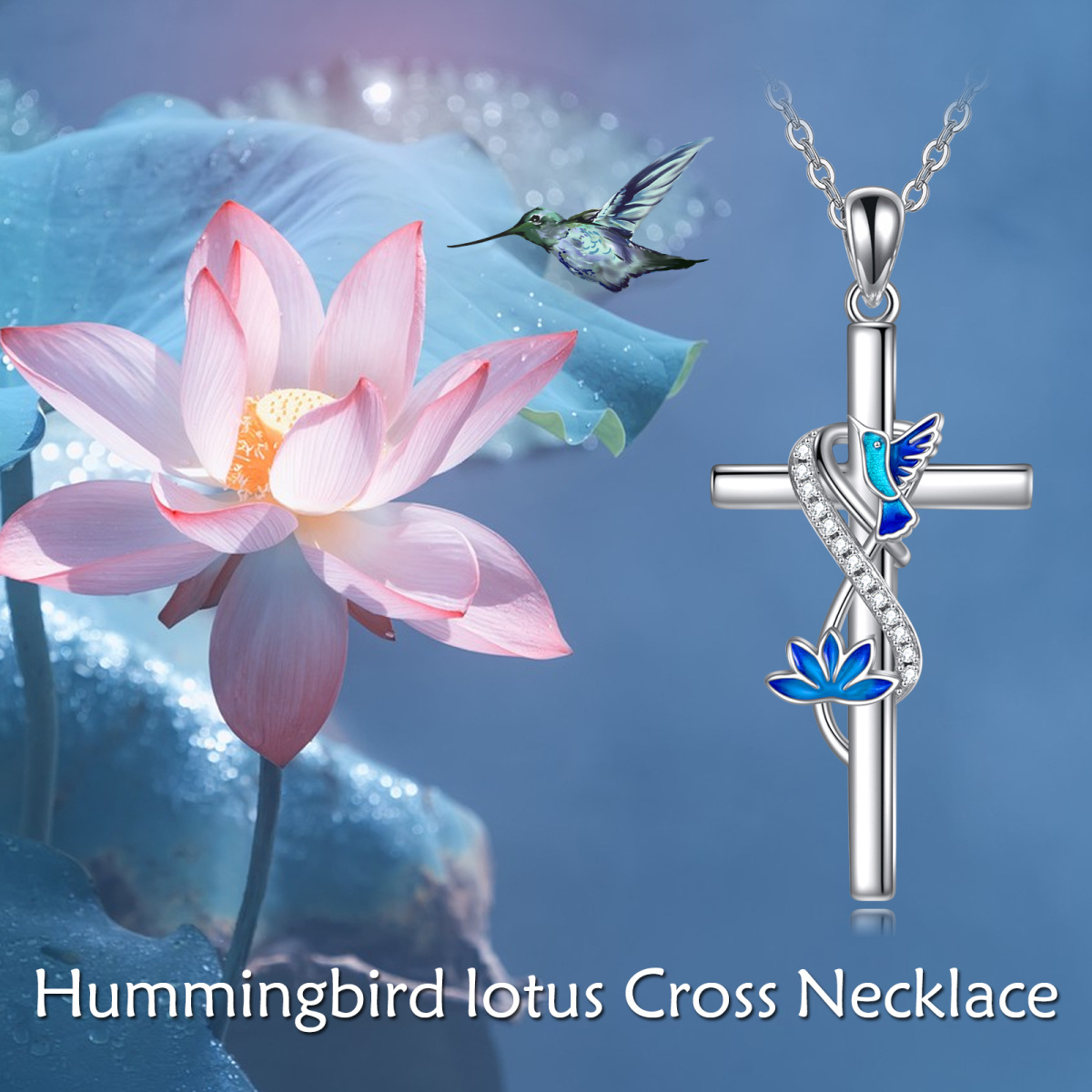 Sterling Silver Circular Shaped Cubic Zirconia Hummingbird & Cross Pendant Necklace-6