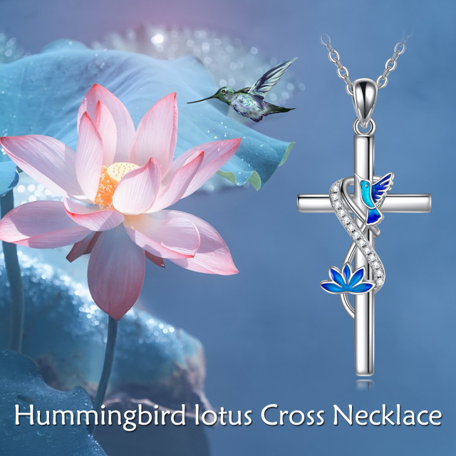 Sterling Silver Circular Shaped Cubic Zirconia Hummingbird & Cross Pendant Necklace-5