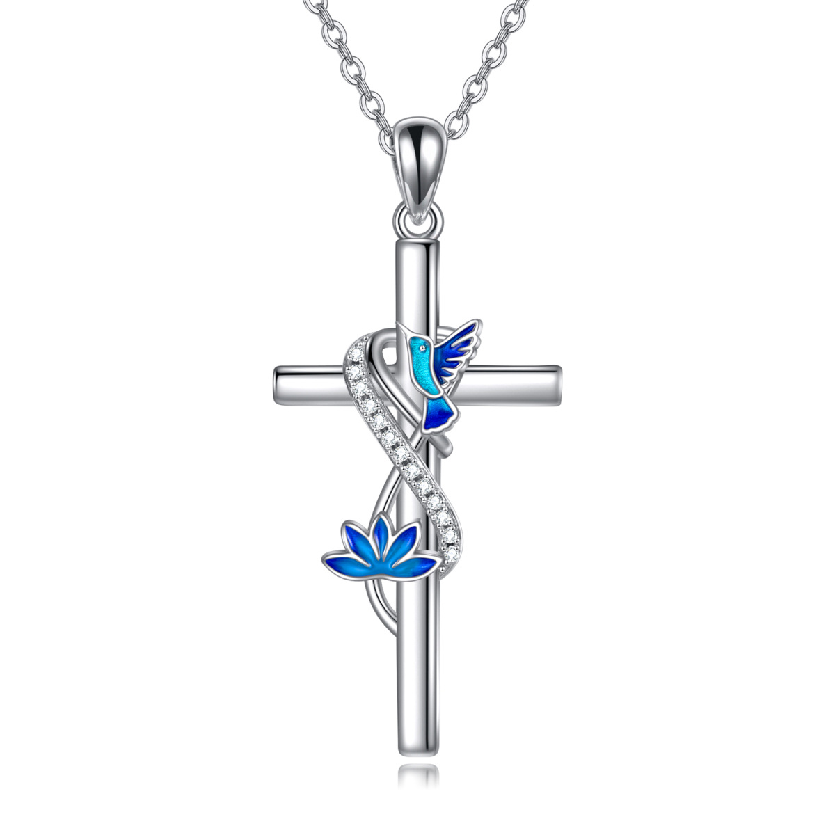 Sterling Silver Circular Shaped Cubic Zirconia Hummingbird & Cross Pendant Necklace-1