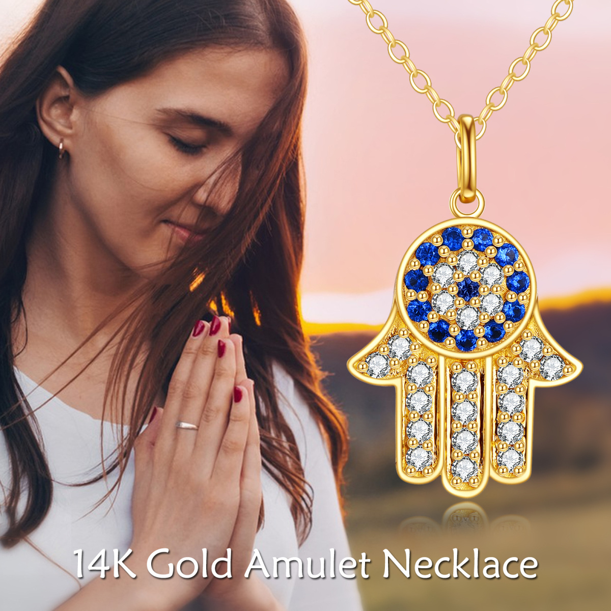 Collier en or 14K avec pendentif œil maléfique et main Hamsa en zircon rond-4