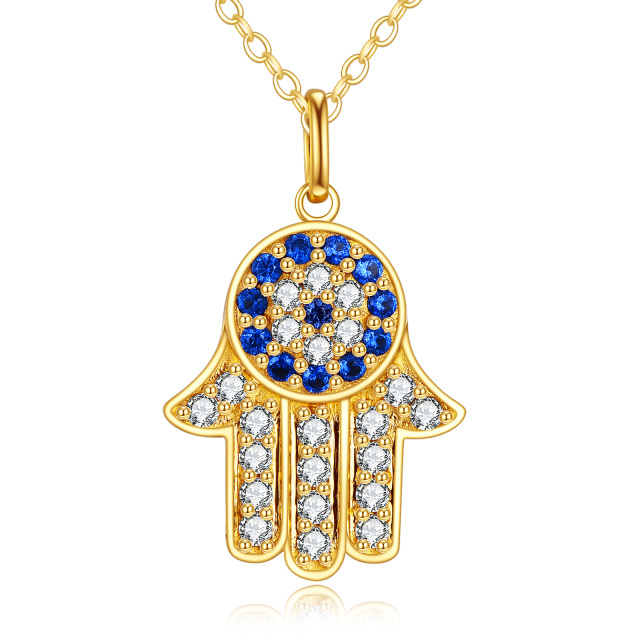 Collier en or 14K avec pendentif œil maléfique et main Hamsa en zircon rond-0