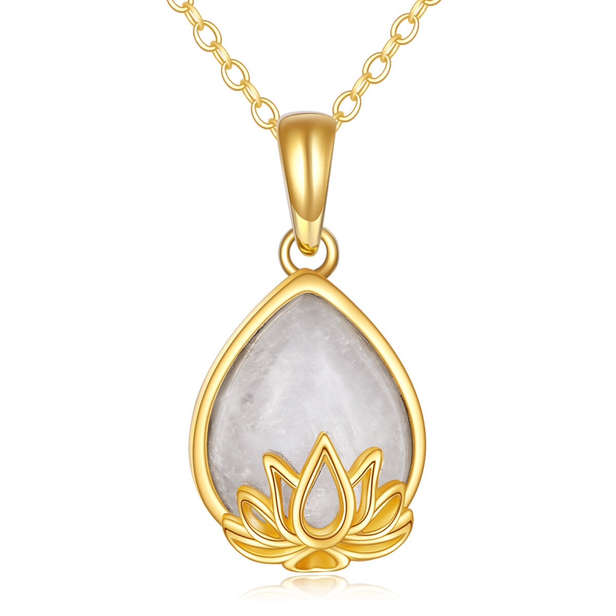 14K Gold Pear Shaped Moonstone Lotus Pendant Necklace-1