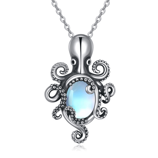 Sterling Silver Oval Moonstone Octopus Pendant Necklace-1