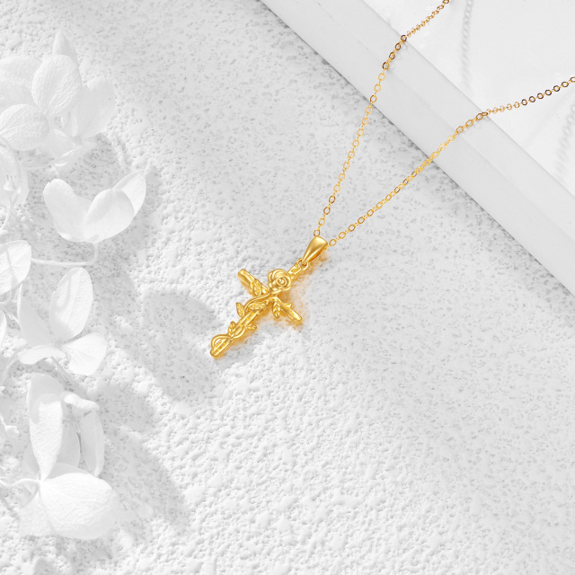 14K Gold Rose and Cross Pendant Necklace-3