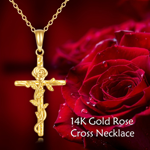 14K Gold Rose and Cross Pendant Necklace-4