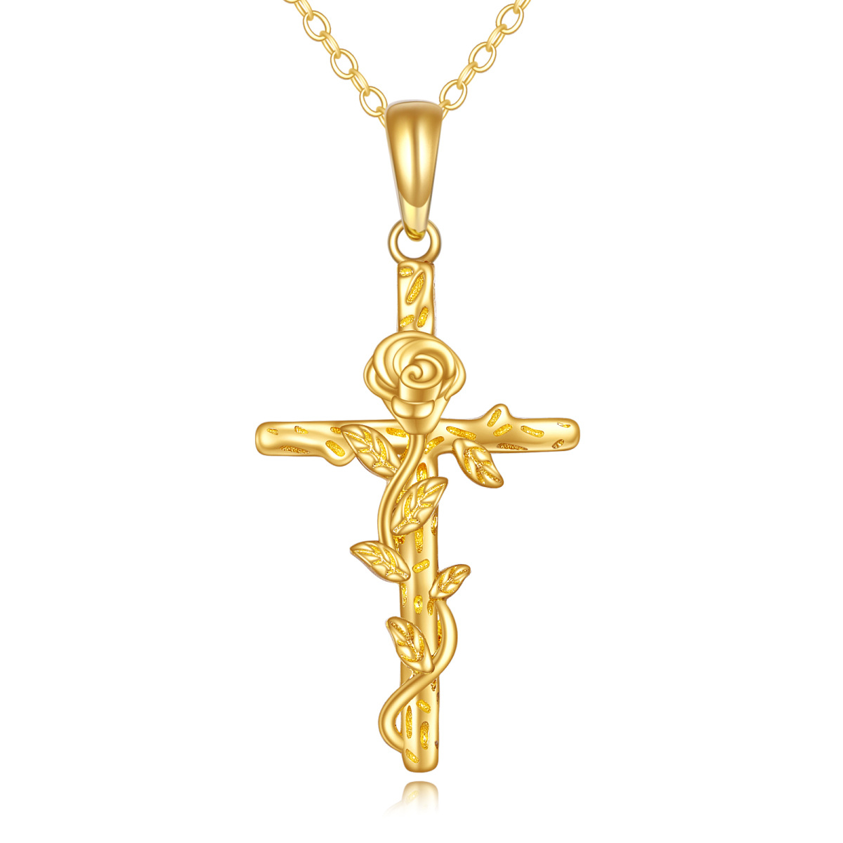14K Gold Rose and Cross Pendant Necklace-1