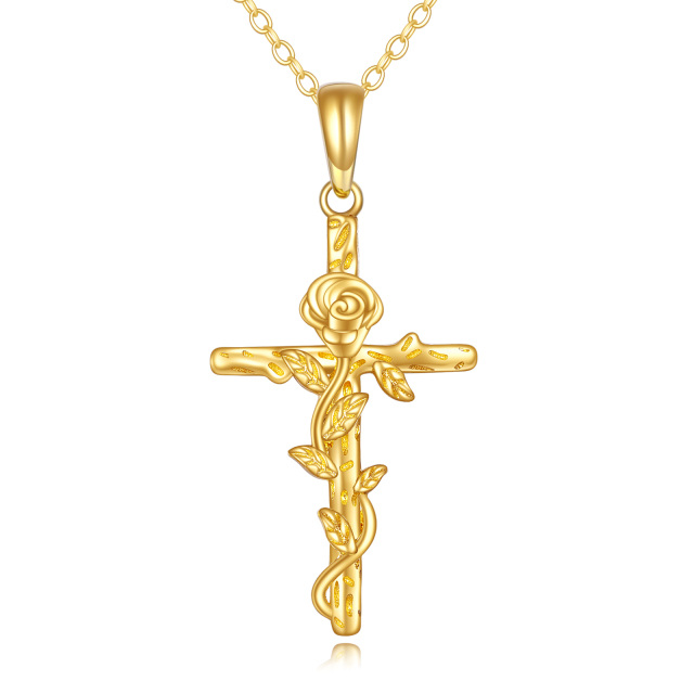 14K Gold Rose und Kreuz-Anhänger Halskette-0