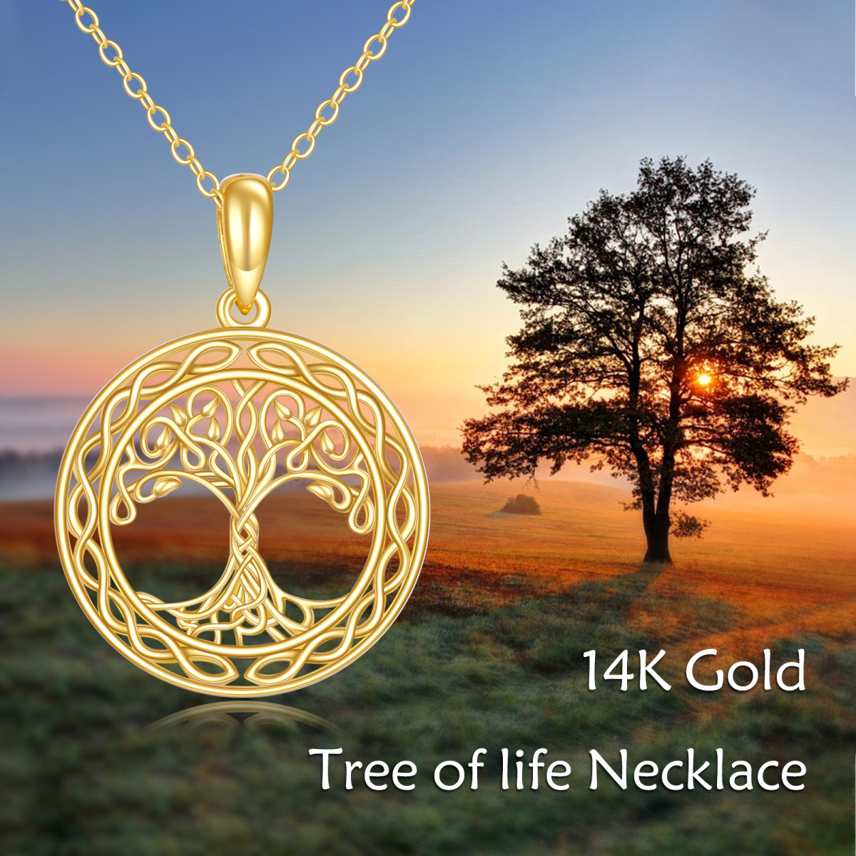 14K Gold Cubic Zirkonia Baum des Lebens Anhänger Halskette-6