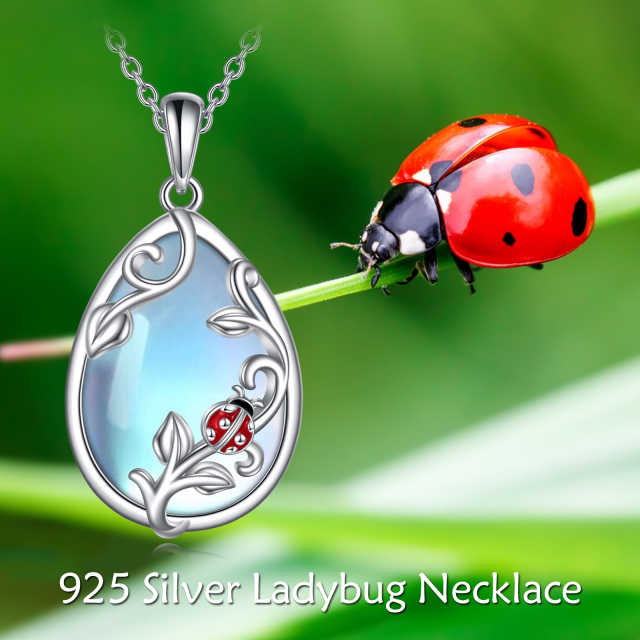 Sterling Silver Oval Shaped Moonstone Ladybug Pendant Necklace-4