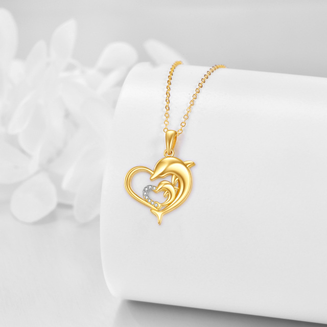 14K Oro Cúbico Zirconia Delfín y Corazón Con Corazón Collar Colgante-3