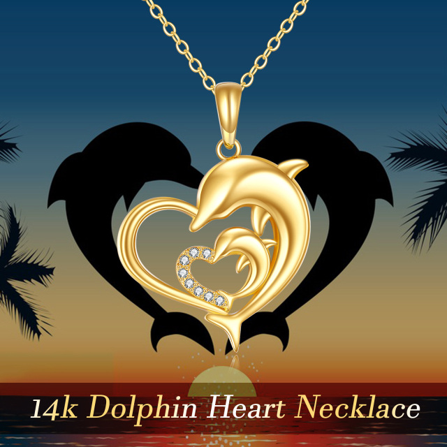 14K Oro Cúbico Zirconia Delfín y Corazón Con Corazón Collar Colgante-2