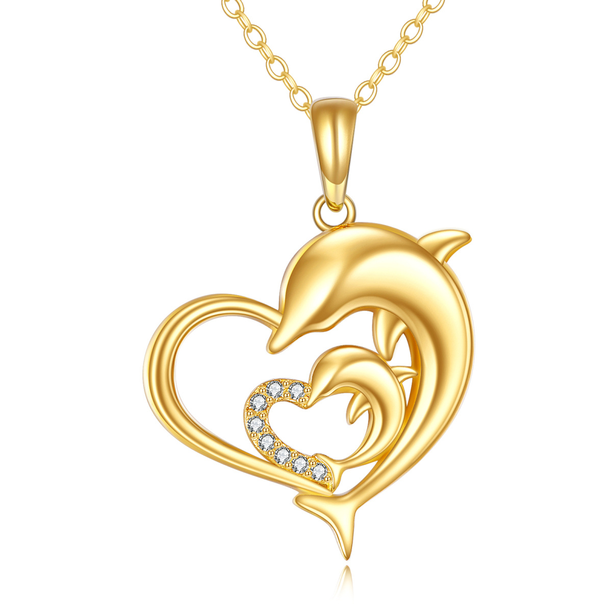 14K Oro Cúbico Zirconia Delfín y Corazón Con Corazón Collar Colgante-1