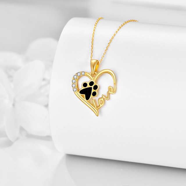 10K Gold Paw & Heart Pendant Necklace with Engraved Word-2