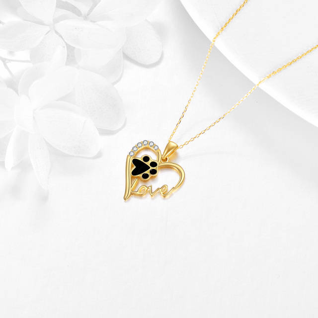 10K Gold Paw & Heart Pendant Necklace with Engraved Word-3