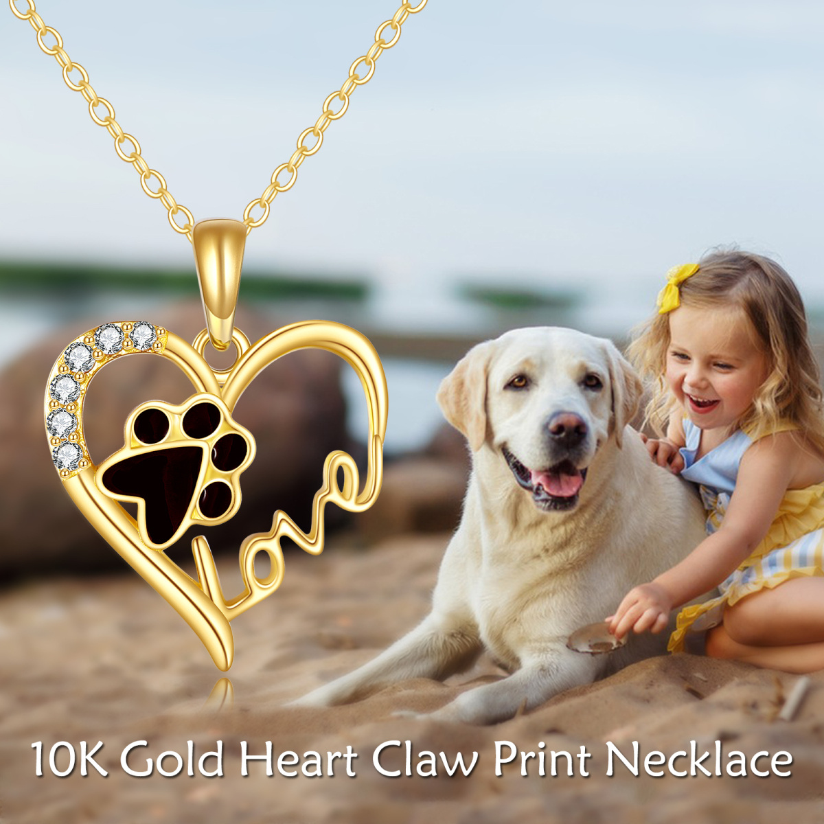 10K Gold Paw & Heart Pendant Necklace with Engraved Word-6
