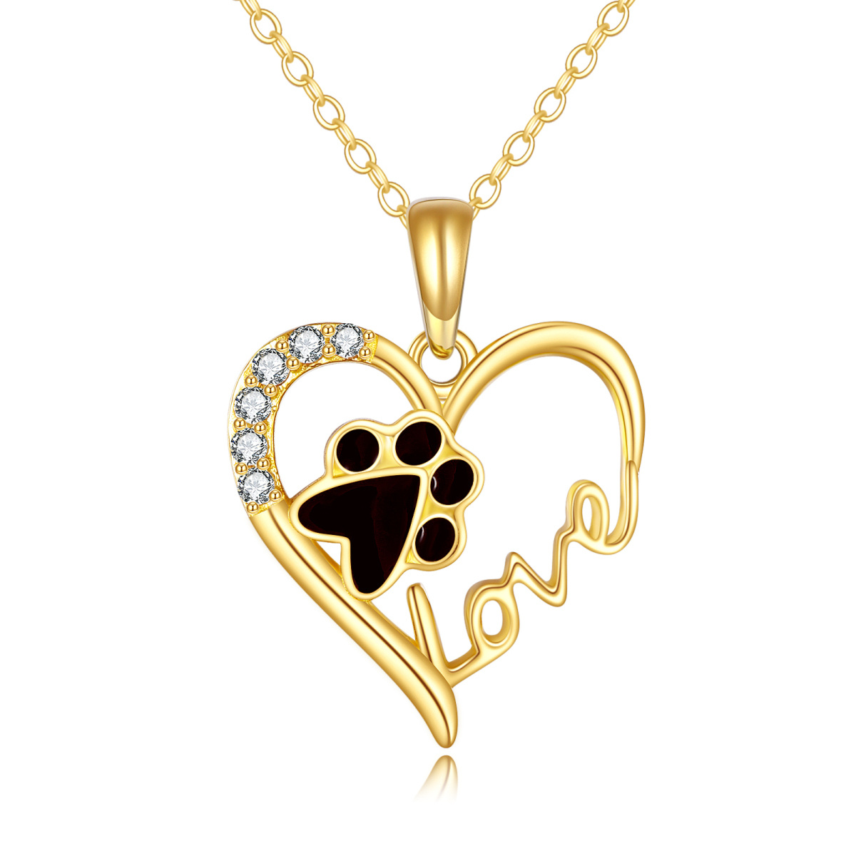 10K Gold Paw & Heart Pendant Necklace with Engraved Word-1