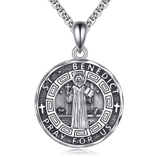 Sterling Silver Saint Benedict Pendant Necklace for Men