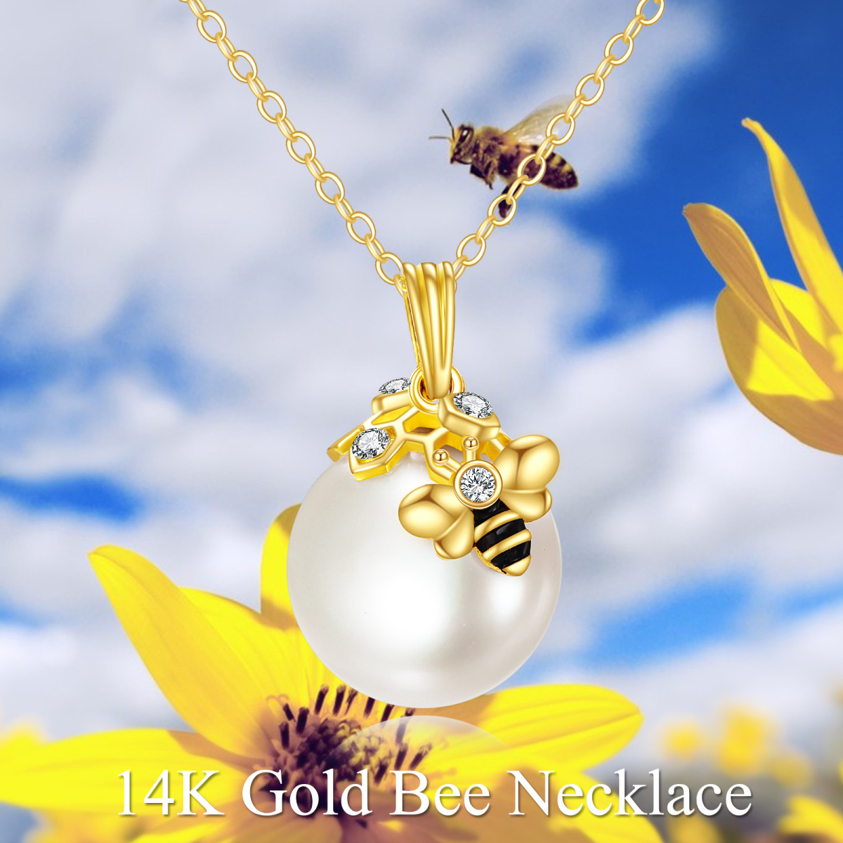 14K Gold Pearl Bees Pendant Necklace-4