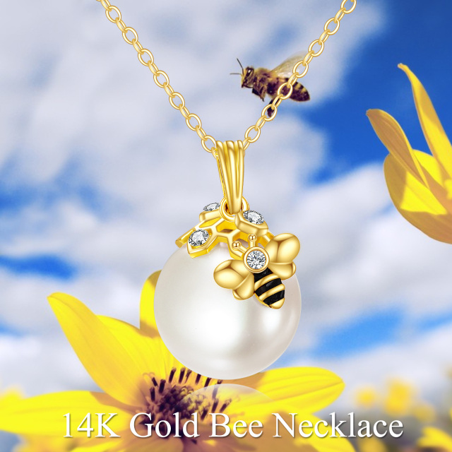 14K Gold Pearl Bees Pendant Necklace-3