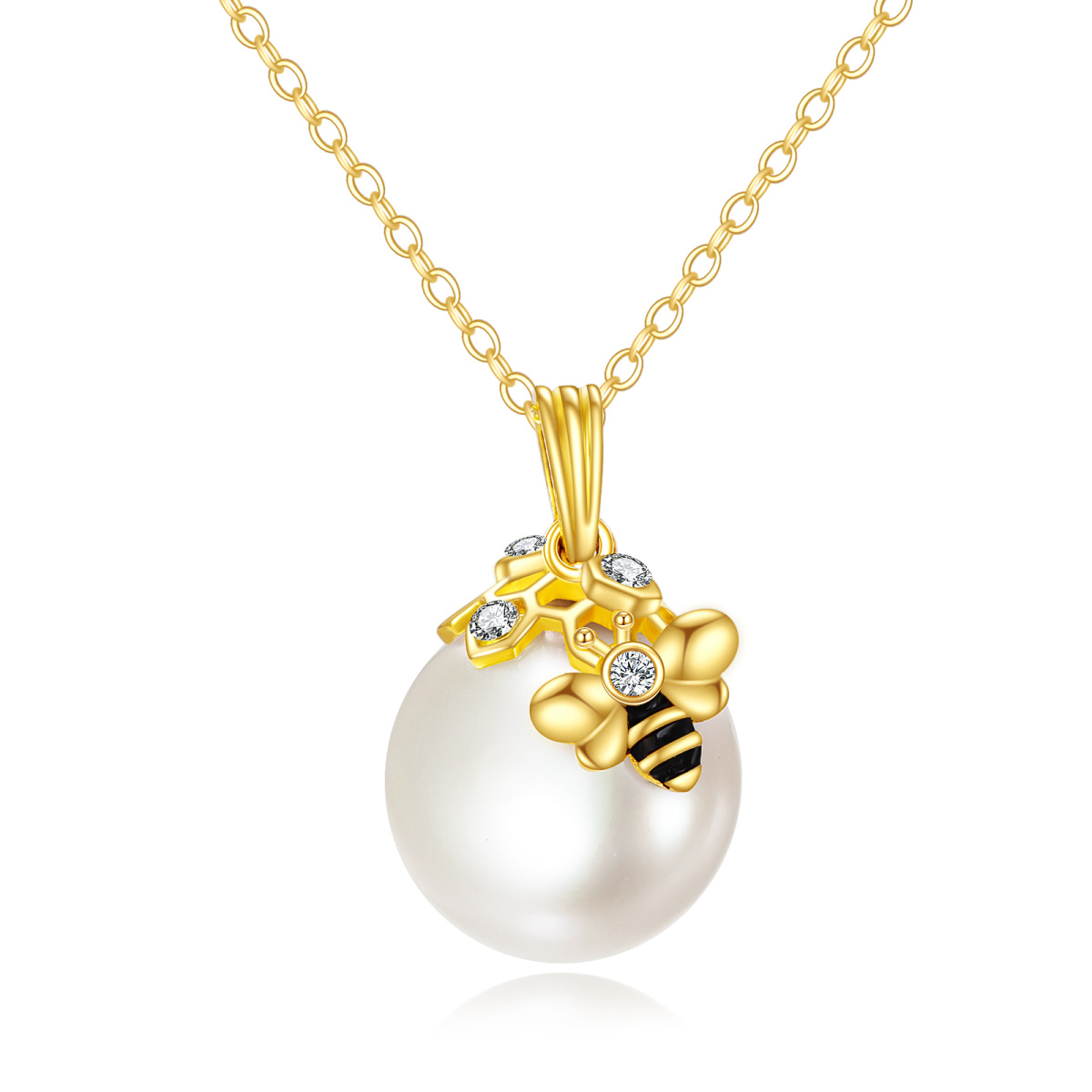 14K Gold Pearl Bees Pendant Necklace-1