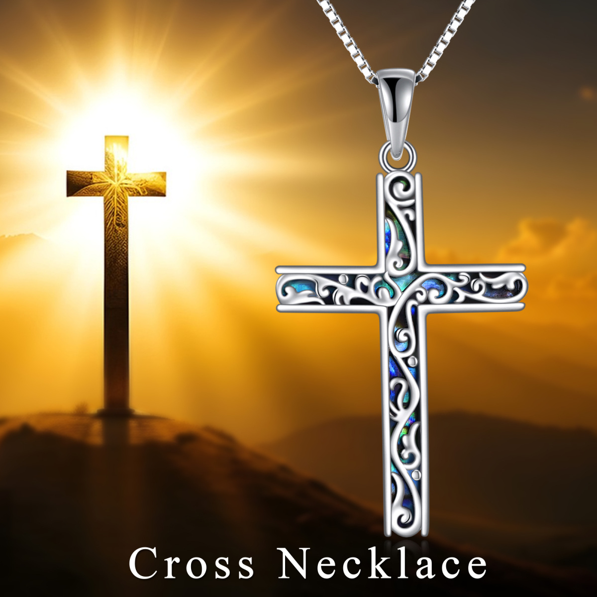 Sterling Silver Abalone Shellfish Cross Pendant Necklace-6