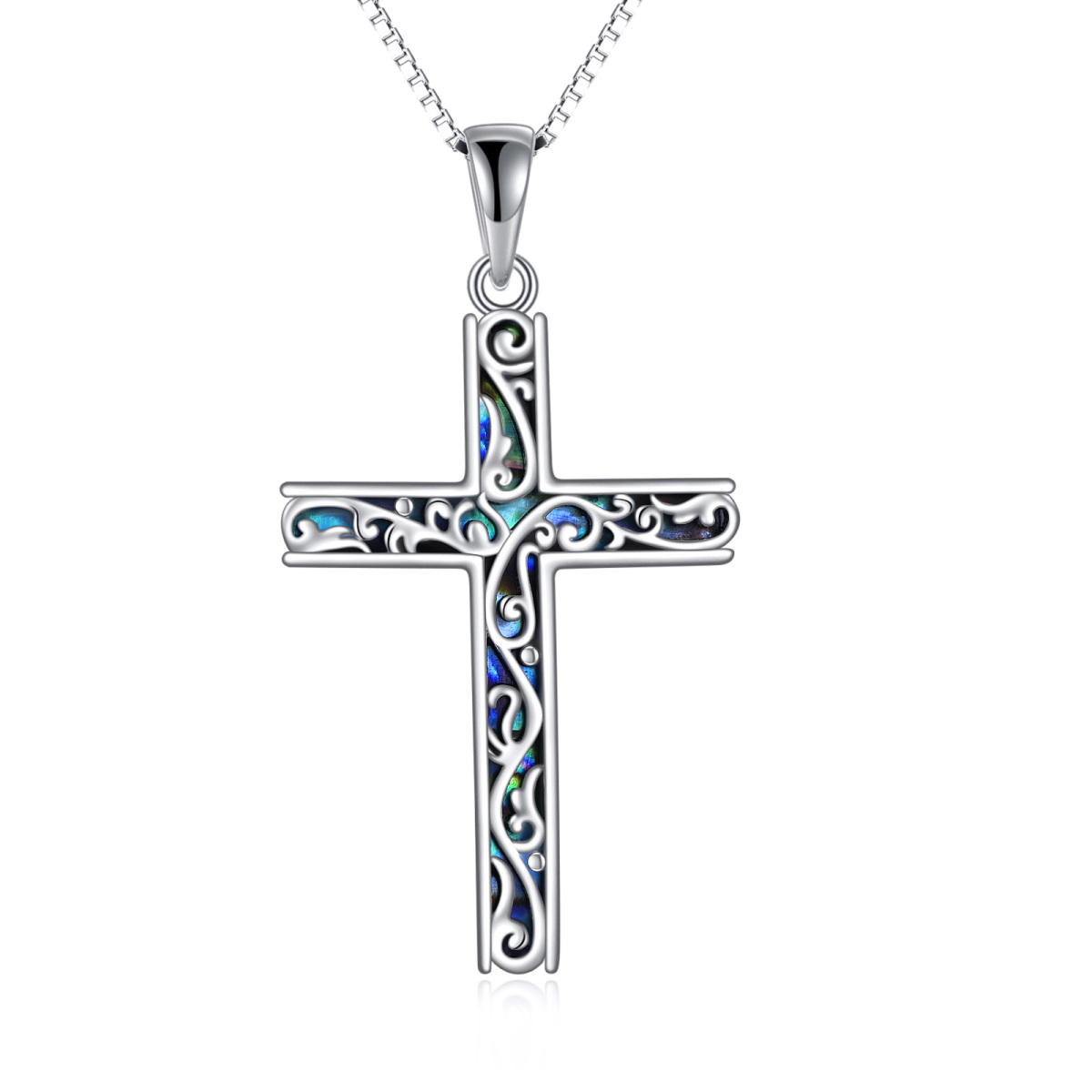 Sterling Silver Abalone Shellfish Cross Pendant Necklace-1