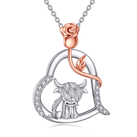 Sterling Silver Cubic Zirconia Highland Cow & Rose & Heart Charm Necklace for Women