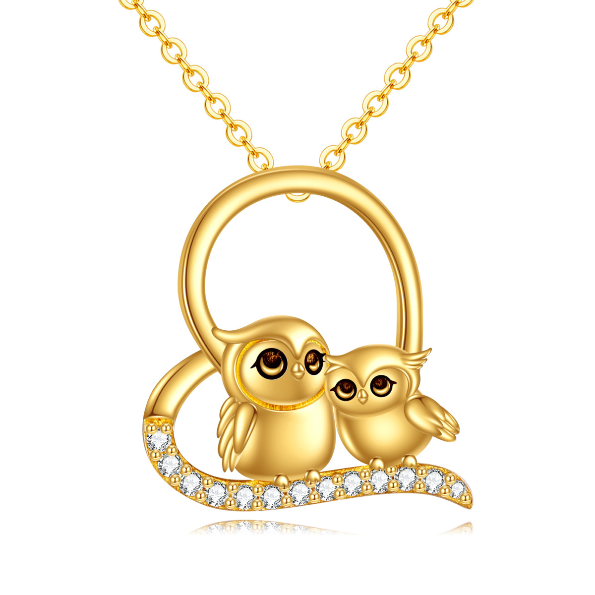 14K Gold Cubic Zirconia Owl Parent & Child Heart Pendant Necklace-1