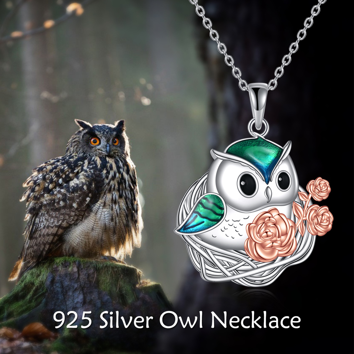Sterling Silver Owl & Rose Pendant Necklace-5