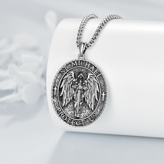 Sterling Silber Saint Michael religiösen Anhänger Halskette mit eingraviertem Wort für Männer-2