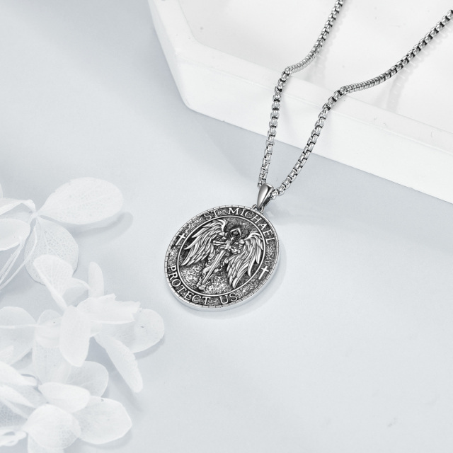 Sterling Silber Saint Michael religiösen Anhänger Halskette mit eingraviertem Wort für Männer-3
