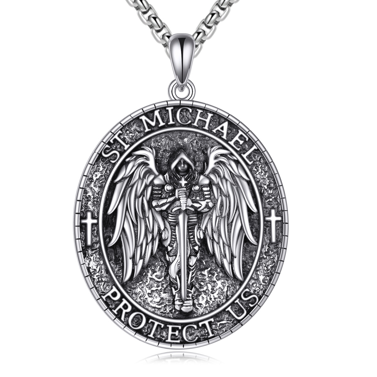 Sterling Silver Saint Michael Religious Pendant Necklace with Engraved Word for Men-1