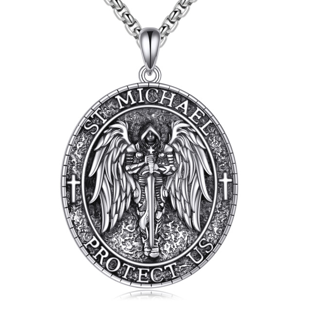 Sterling Silver Saint Michael Religious Pendant Necklace with Engraved Word for Men-0