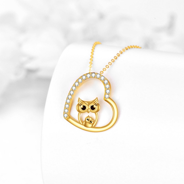 14K Gold Cubic Zirconia Owl & Heart Pendant Necklace-2