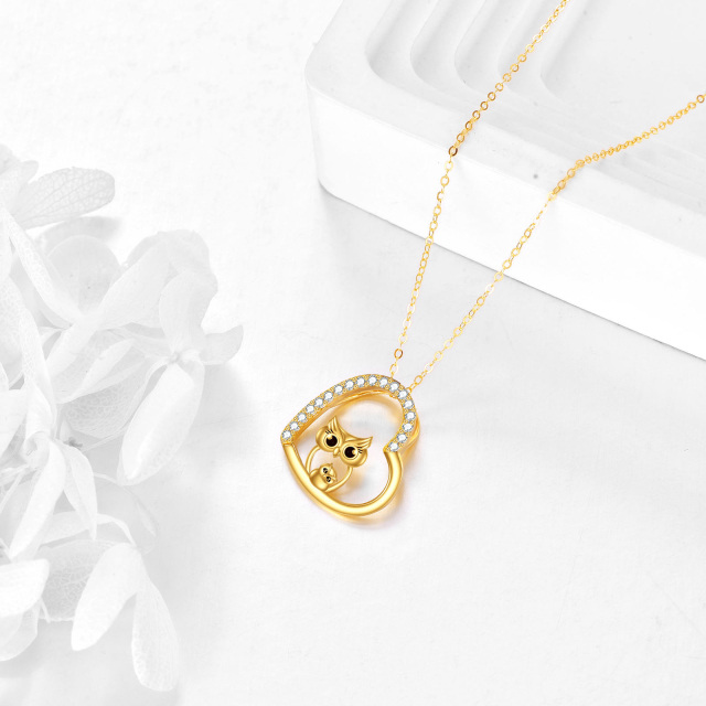 14K Gold Cubic Zirconia Owl & Heart Pendant Necklace-3