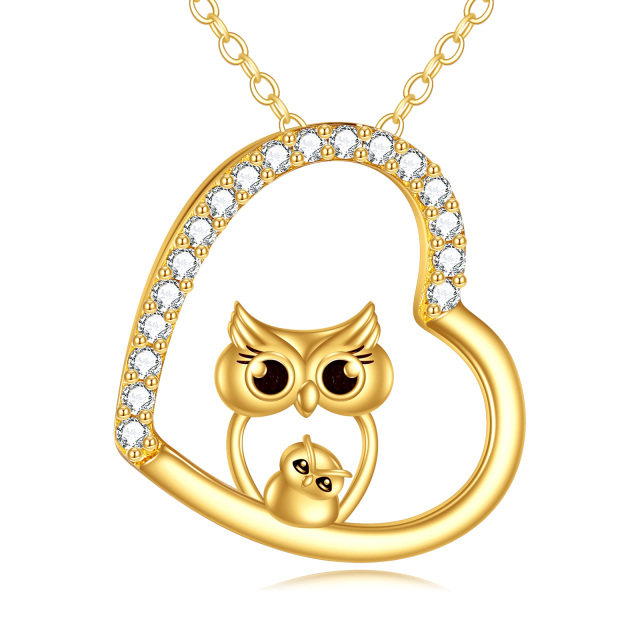 14K Gold Cubic Zirconia Owl & Heart Pendant Necklace-0