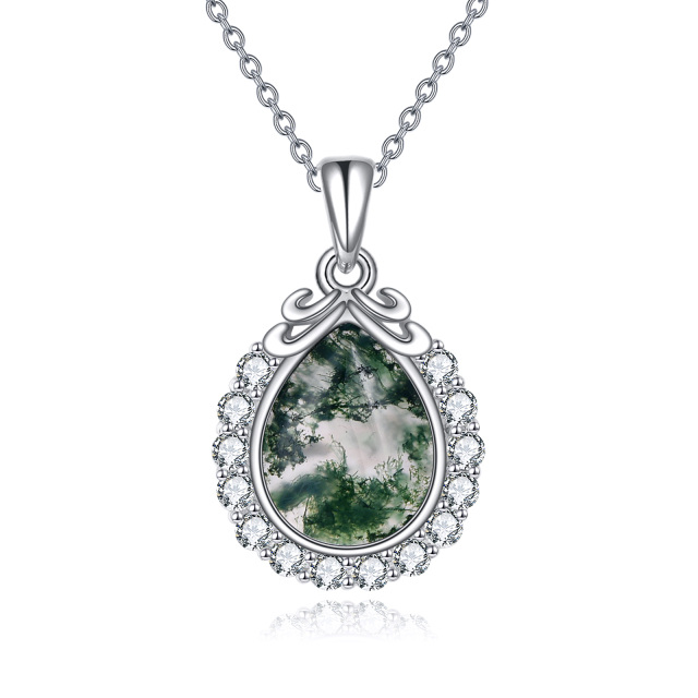 Sterling Silver Circular Shaped & Pear Shaped Cubic Zirconia & Moss Agate Filigree Pendant Necklace-2